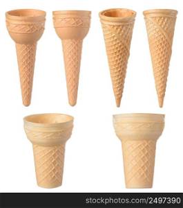 Ice cream waffle cones set isolated on white background. Wafer icecream cone collection.
