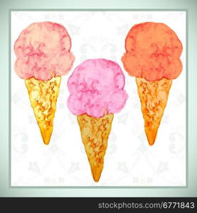 Ice cream watercolor on seamless tile pattern background. Illustration for cooking site, menus, books. Hand drawn illustration. Can be used for menu, banner, cards, invitations etc.