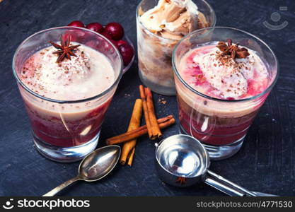 Ice-cream with cherry flavor. homemade ice cream with cherry flavor in a glass