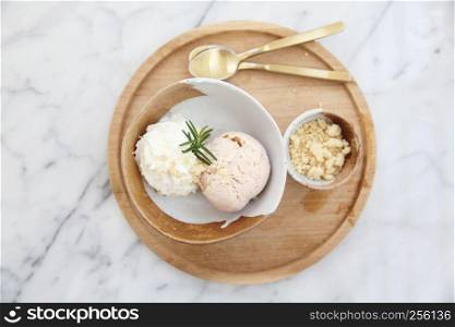 ice cream with cream on wood