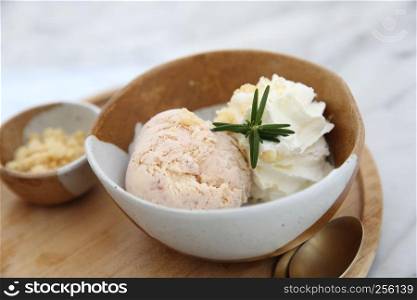 ice cream with cream on wood
