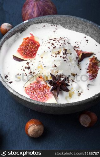 ice cream with figs. appetizing vanilla ice cream sundae with fig fruits