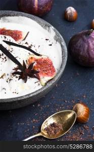 ice cream with figs. appetizing vanilla ice cream sundae with fig fruits