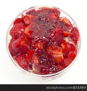 Ice cream with fresh strawberry and raspberry jam