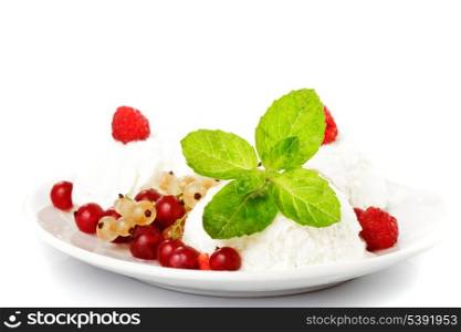 Ice cream with fruits and berries and mint on white