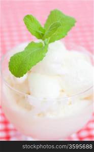 ice cream with mint in a glass bowl on plaid fabric