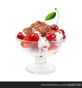Ice cream with strawberries and cherries isolated on white