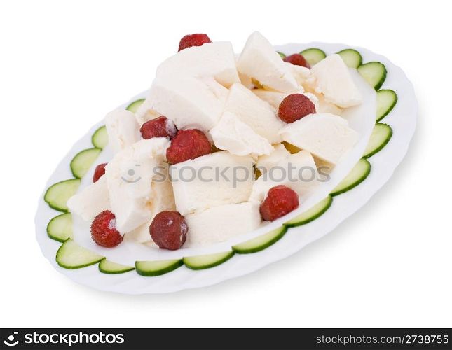 ice-cream with strawberries, decorated with cucumber slices