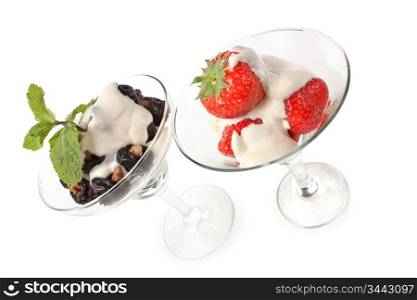 Ice cream with strawberries isolated on white