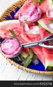 Ice cream with watermelon. Homemade ice cream with watermelon on table