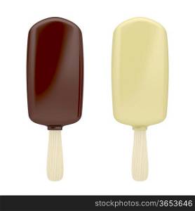 Ice creams covered with white and brown chocolate