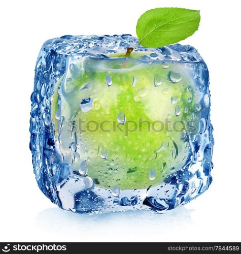 Ice cube and apple isolated on a white background