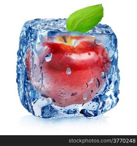 Ice cube and red apple isolated on a white background