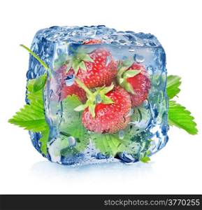Ice cube and strawberry isolated on a white background