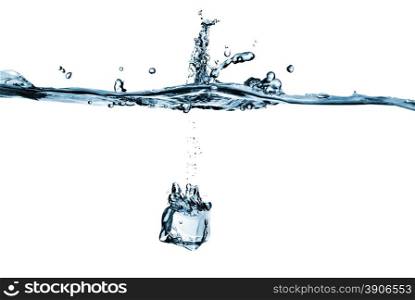 ice cube dropped into water with splash isolated on white