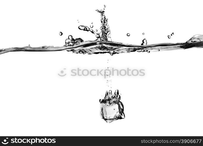 ice cube dropped into water with splash isolated on white