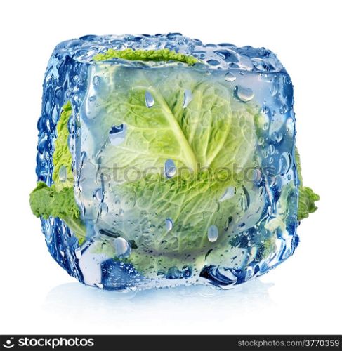 Ice cube with brussel sprouts isolated on white