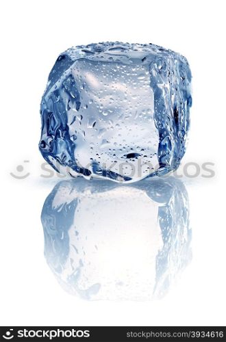 Ice cube with drops of water isolated on white