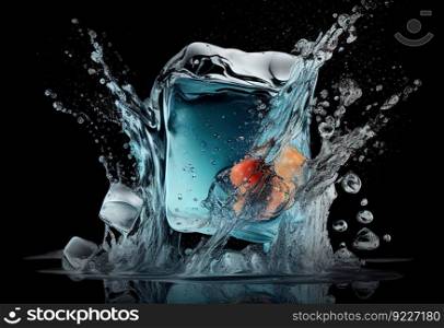 Ice Cubes Fall In Cold Water With Splash illustration. AI generative.