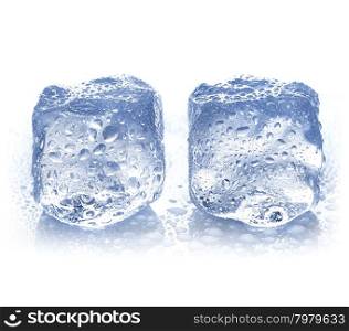 ice cubes with water drops close-up isolated on a white background