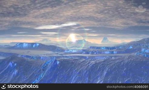 Ice desert hills covered with white mist. Above the horizon the sun rises slowly and sends a bright glare. Ice surface glows blue. The blue sky is slowly floating clouds. The camera flies over the landscape.