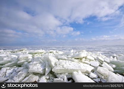 Ice floes on the IJsselmeer in winter in the Netherlands