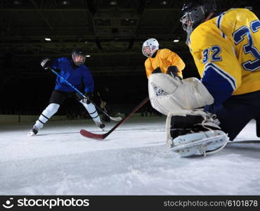 ice hockey goalkeeper player on goal in action