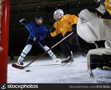 ice hockey goalkeeper player on goal in action