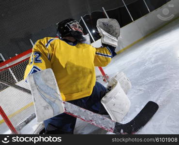 ice hockey goalkeeper player on goal in action