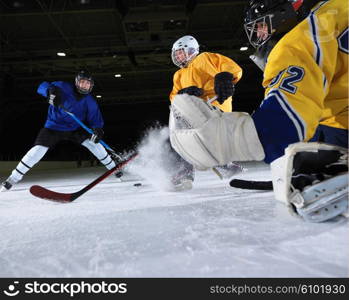 ice hockey goalkeeper player on goal in action