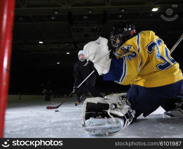 ice hockey goalkeeper player on goal in action