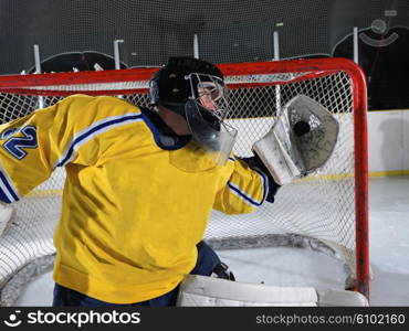 ice hockey goalkeeper player on goal in action