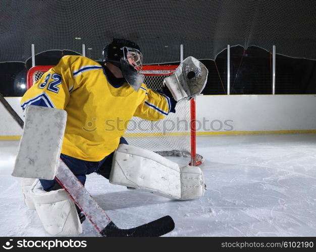 ice hockey goalkeeper player on goal in action