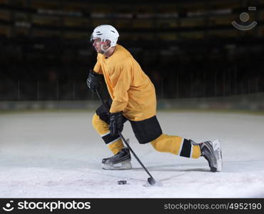 ice hockey player in action kicking with stick