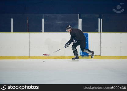 ice hockey player in action kicking with stick