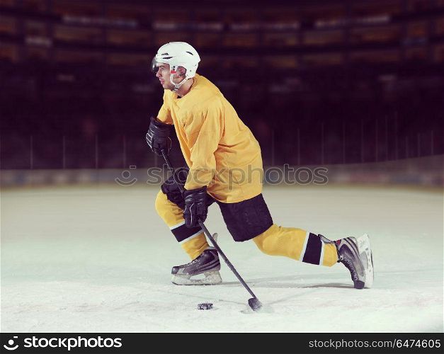 ice hockey player in action kicking with stick. ice hockey player in action