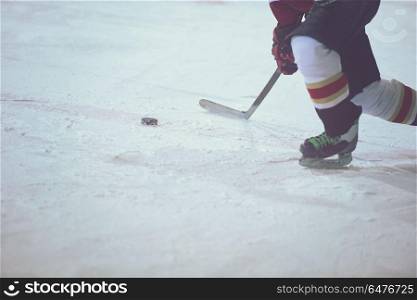 ice hockey player in action kicking with stick. ice hockey player in action