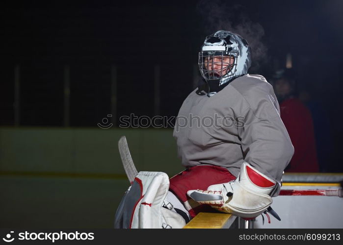 ice hockey players, group of people, team friends waiting and relaxing on bench to start game