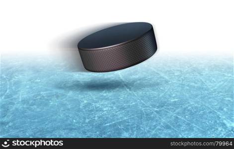 Ice hockey puck action on a rink arena closeup background with a flying rubber winter sport equipment with blank text area as a 3D illustration.