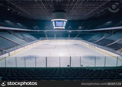 Ice hockey stadium. Empty skating. Generate Ai. Ice hockey stadium. Generate Ai