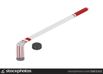 Ice hockey stick and puck on white background