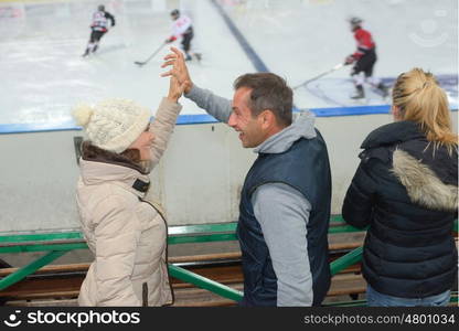 Ice hockey supporters doing high five