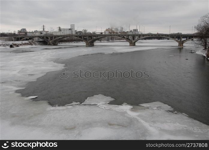 Ice on the Cedar River, downtown Cedar Rapids, Iowa