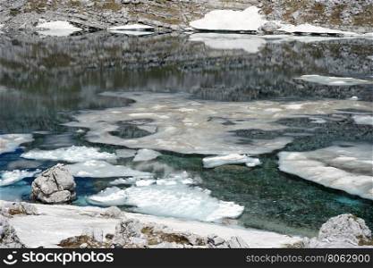 Ice on the surface of mountain lake on the Triglav mount in Slovenia