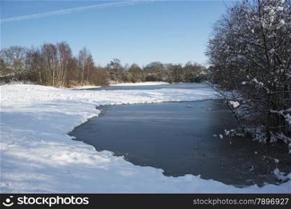 ice on the water in winter landscape with white snow
