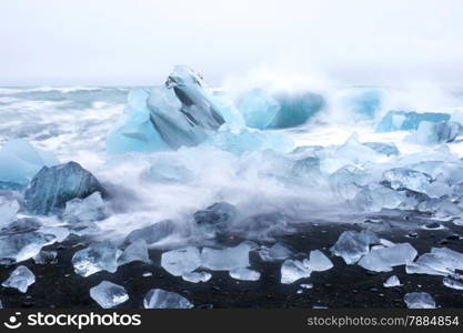 Ice rocks on a black sand beach in Iceland