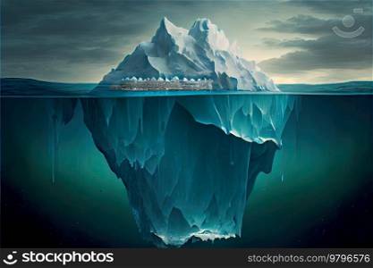 Iceberg floating in sea with big underwatter part, global warming or hidden risk concept. Iceberg floating in sea