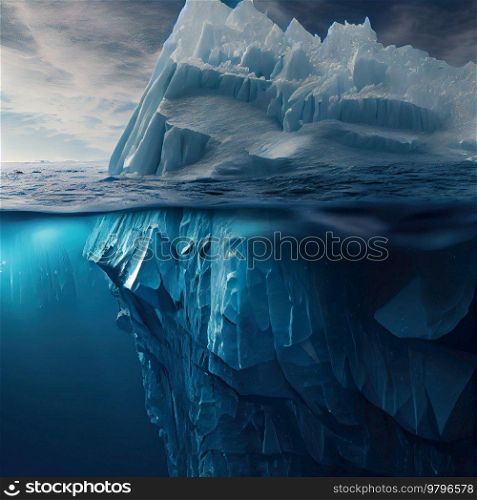 Iceberg floating in sea with hidden underwatter part, global warming or hidden risk concept. Iceberg floating in sea