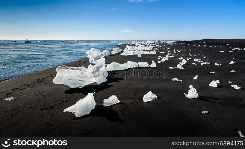 iceberg in Jokulsarlon beach, a large glacier lake in south Iceland, selective focus