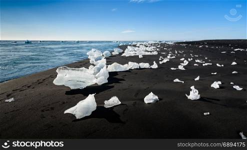 iceberg in Jokulsarlon beach, a large glacier lake in south Iceland, selective focus